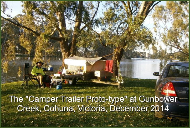 Jack testing out the prototype camper trailer at on the banks of the Gunbower Creek, Cohuna Waterfront Holiday Park.