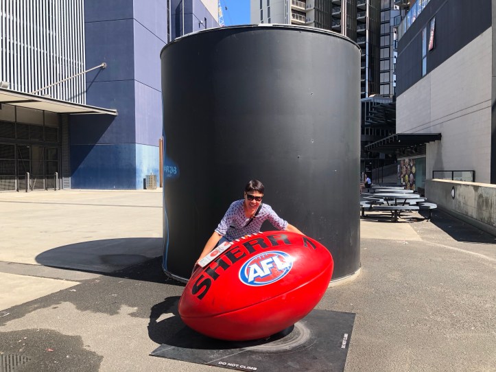 Mallie sizing up a Sherin Football at Marvel Stadium, Docklands, Melbourne