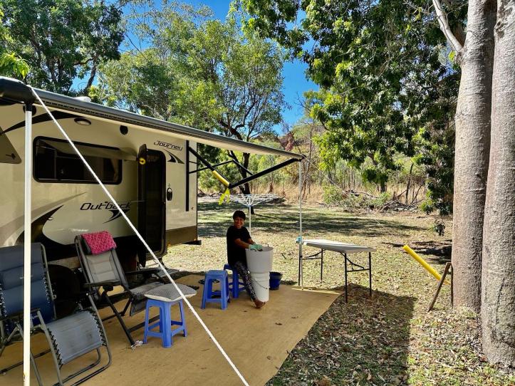 Malle doing the washing at the Hidden Valley Caravan Park, Kununurra, Western Australia